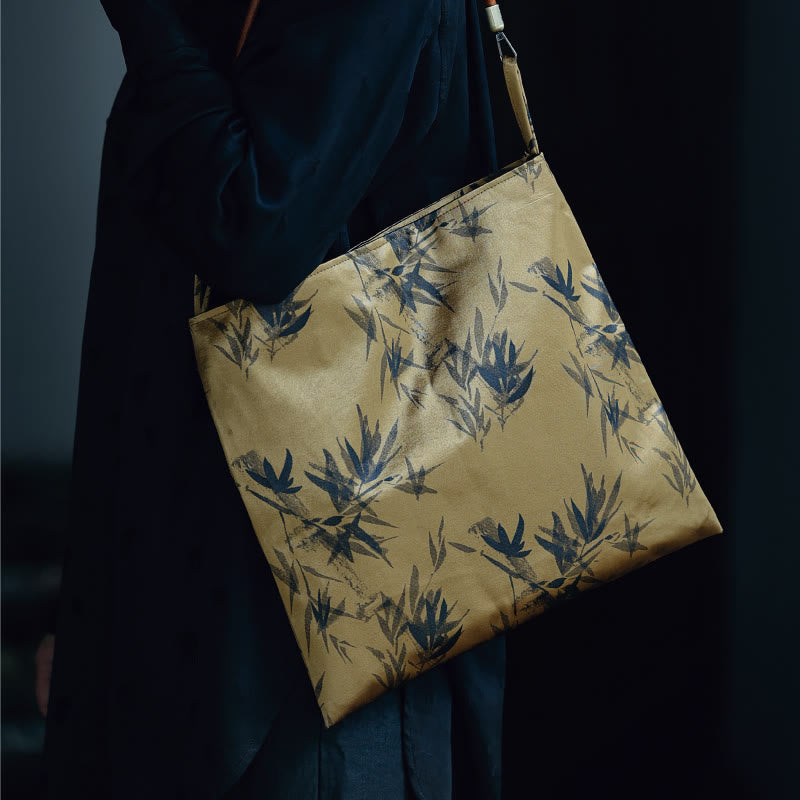 Bolso de hombro con Buddha Stones, hojas de bambú, flor, mariposa, caqui