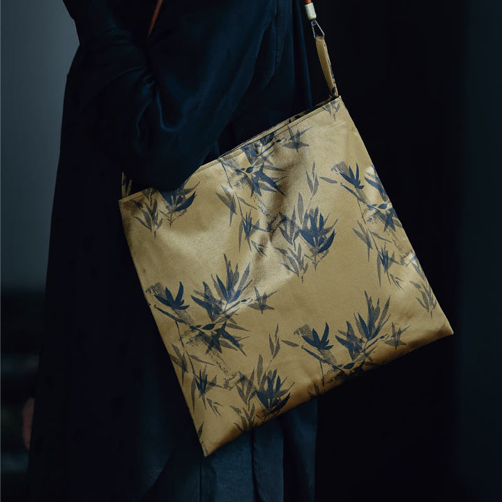 Bolso de hombro con Buddha Stones, hojas de bambú, flor, mariposa, caqui
