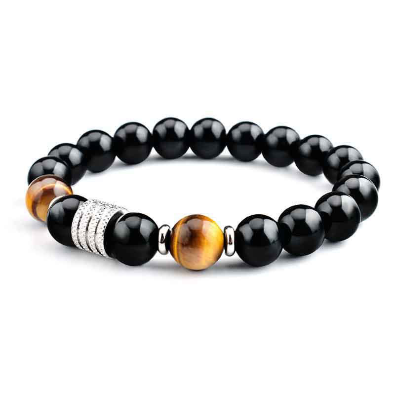 Pulsera de cumplimiento de fuerza de ojo de tigre de obsidiana negra natural con Buddha Stones - Obsidiana negra y ojo de tigre - Cuerda elástica (circunferencia de la muñeca: 17 cm) - image 0