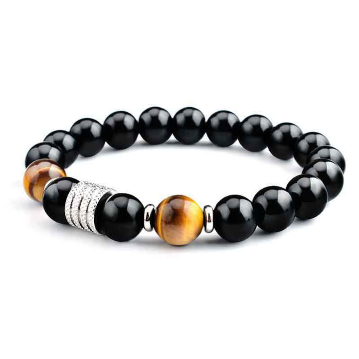 Pulsera de cumplimiento de fuerza de ojo de tigre de obsidiana negra natural con Buddha Stones - Obsidiana negra y ojo de tigre - Cuerda elástica (circunferencia de la muñeca: 17 cm) - image 0