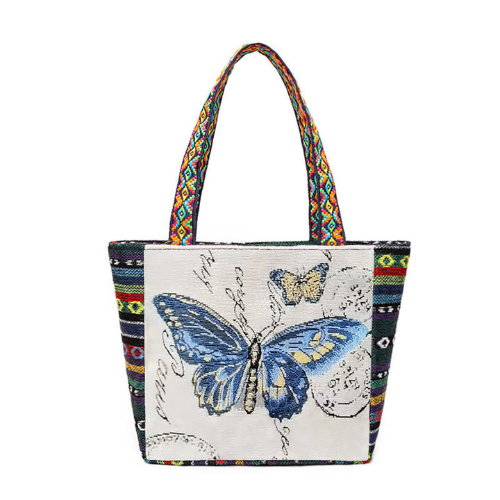 Bolso bandolera de lona de gran capacidad con bordado de mariposa y elefante