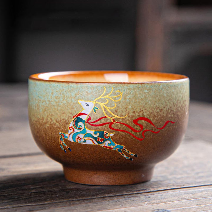 Buddha Stones, ciervo colorido, Pipa, nieve, flores de ciruelo, montañas, ríos, pájaro, taza de té de cerámica, tazón de té de Kung Fu