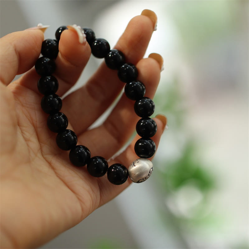 Pulsera de protección con grabado de personaje de cuentas de ónix negro de plata de ley 925 con Buddha Stones