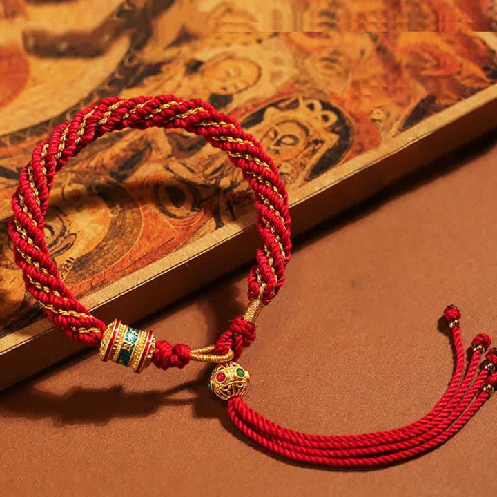Pulsera de cuerda tejida con dije de rueda de oración Thangka de la suerte hecha a mano tibetana con Buddha Stones
