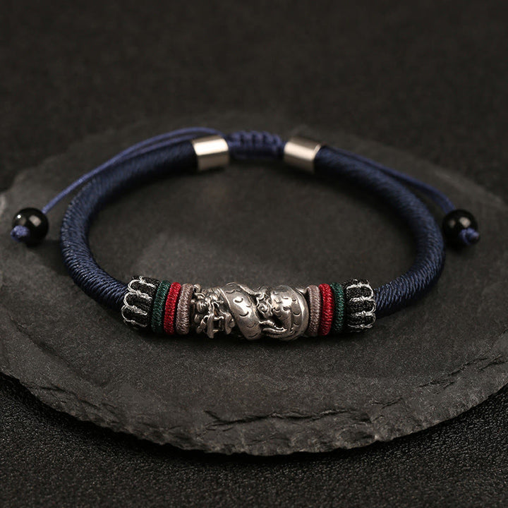 Pulsera de cuerda de la suerte del dragón auspicioso del año del dragón de plata de ley 925 hecha a mano con Buddha Stones