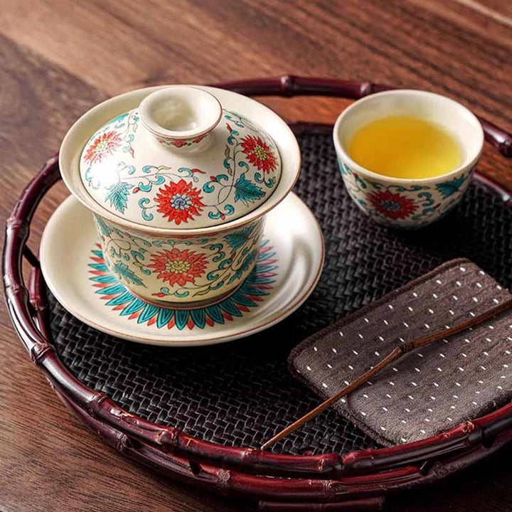Buddha Stones, un panorama de ríos y montañas, flores, taza de té de cerámica Gaiwan Sancai, taza de té de Kung Fu y platillo con tapa