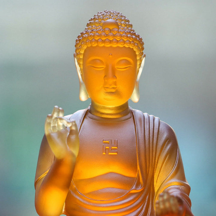 Buddha Stones hechas a mano Sakyamuni Buda Liuli, pieza de arte con cristal, estatua de compasión, decoración para el hogar y la Oficina