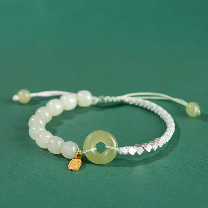 Pulsera de plata de ley 925 con hebilla de paz y jade hetiano con cuentas de suerte y felicidad