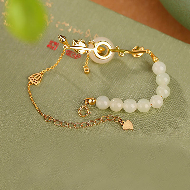 Pulsera de cadena de la suerte de loto con hebilla de la paz de jade hetiano de plata de ley 925 con Buddha Stones