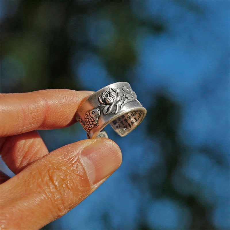 Anillo de plata de ley 999 con diseño de corazón de loto y pez koi de la suerte