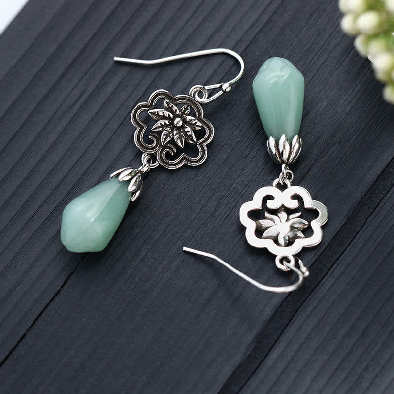 Pendientes colgantes de prosperidad con Buddha Stones, flor de magnolia, jade, gota de agua