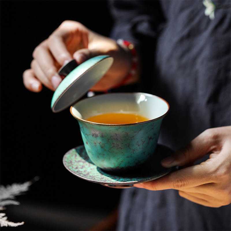 Taza de té y platillo de cerámica con esmalte verde Retro , Buddha Stones , Gaiwan Sancai, Kung Fu, con tapa