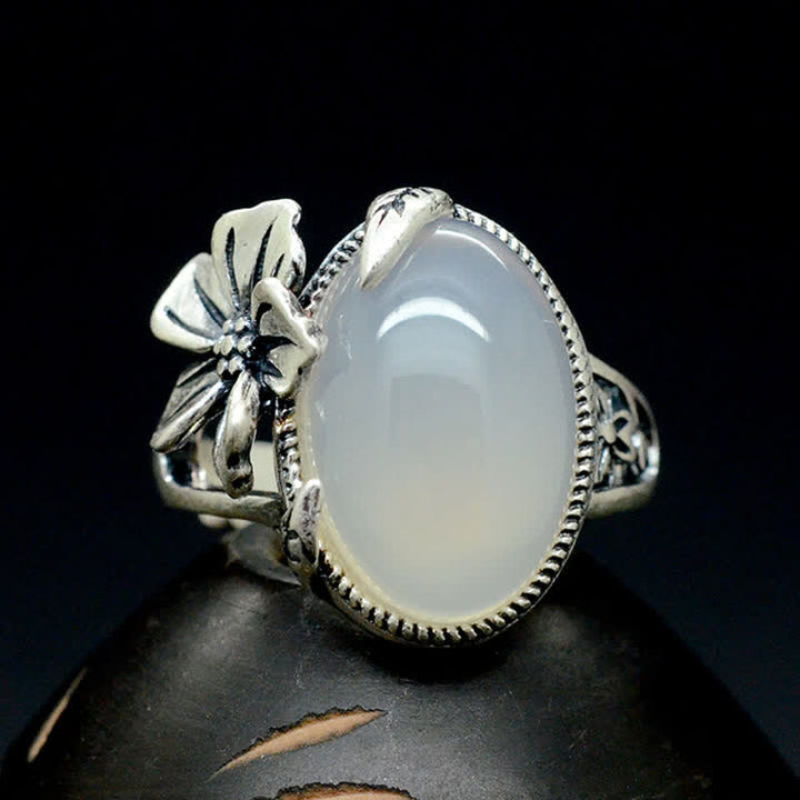 Anillo de armonía positiva de ciruela de calcedonia natural de plata de ley 990