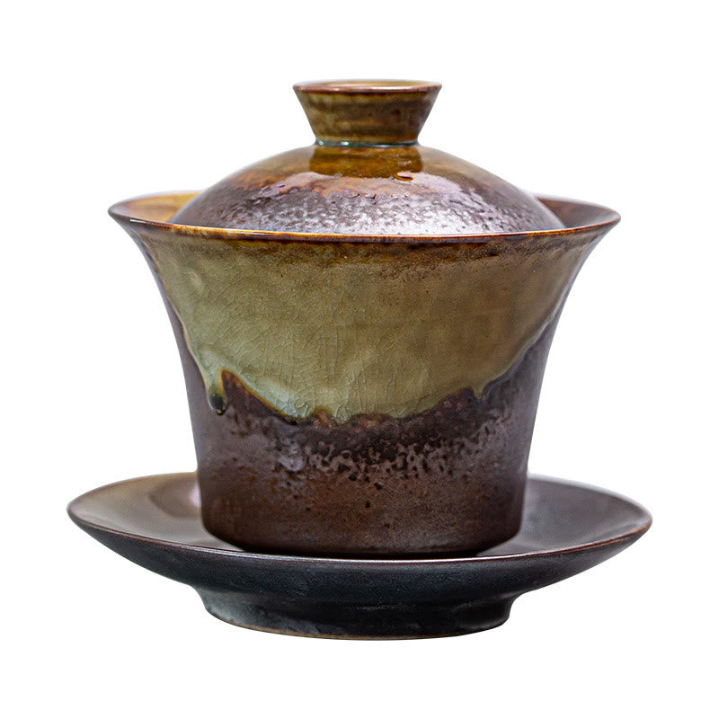 Buddha Stones Vintage marrón horno cambiar diseño porcelana cerámica Gaiwan Sancai taza de té Kung Fu y platillo con tapa