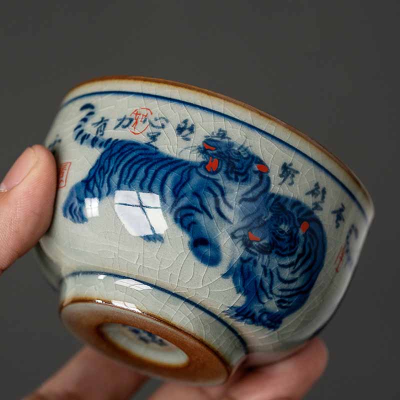 Buddha Stones Jingdezhen pintado a mano lindo tigre taza de té de cerámica Kung Fu taza de té tazón 140ml