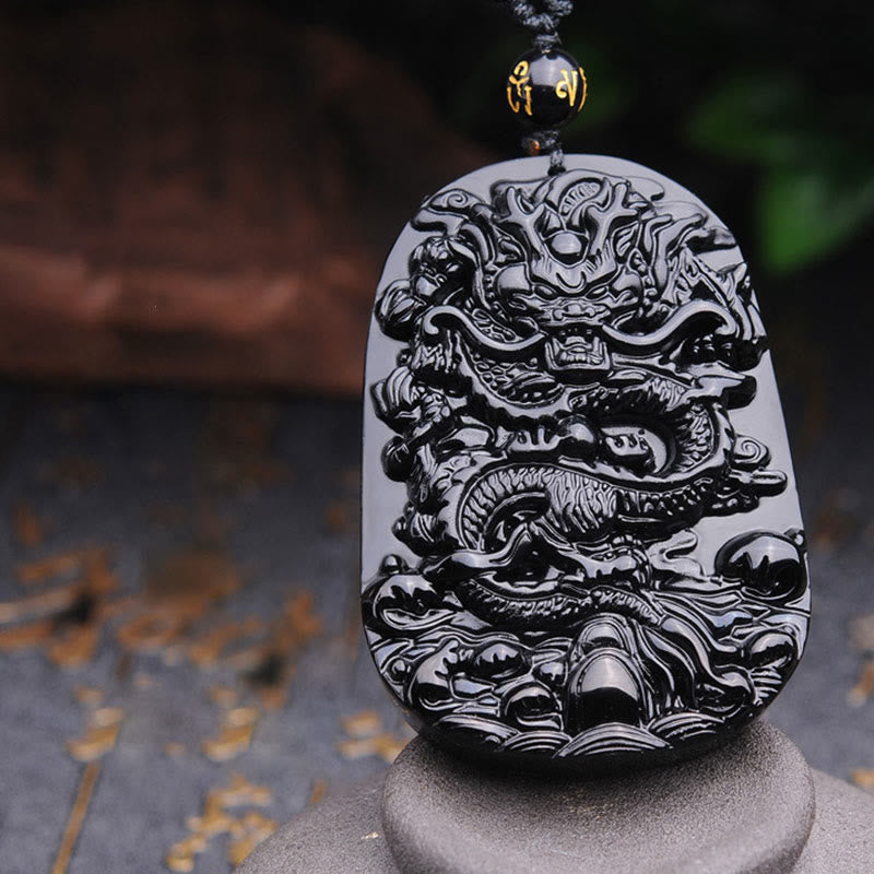 Collar con colgante de cumplimiento de dragón de piedra de obsidiana negra de Buddha Stones - image 10