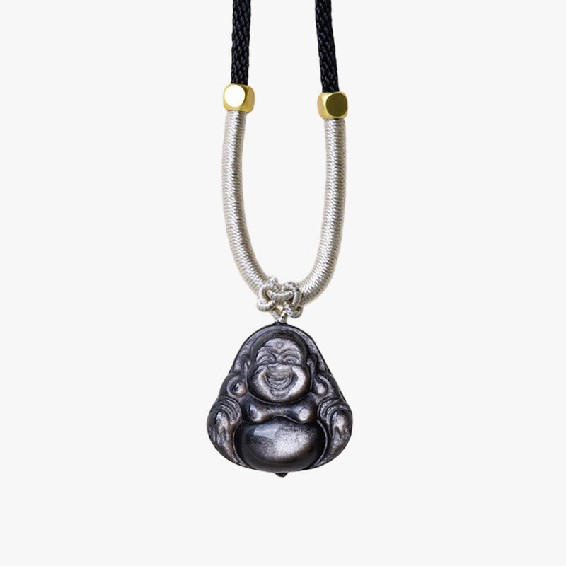 Colgante de collar de protección de Buda sonriente de obsidiana brillante de plata natural con Buddha Stones - image 11