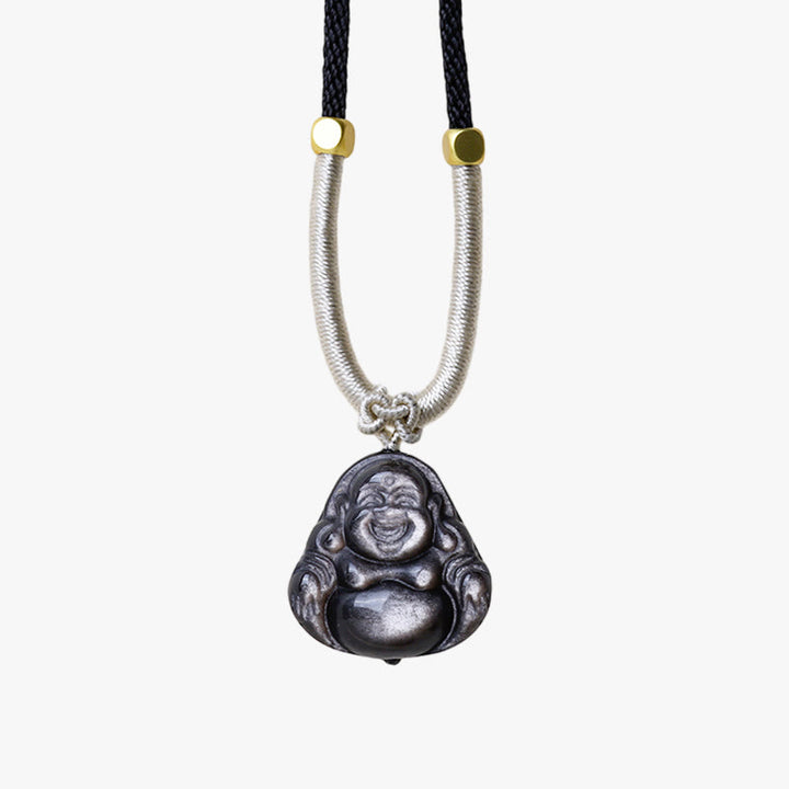 Colgante de collar de protección de Buda sonriente de obsidiana brillante de plata natural con Buddha Stones - image 11