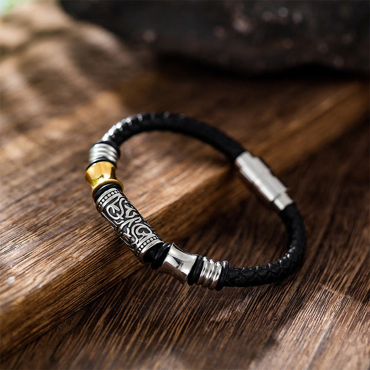 Pulsera de cuero con hebilla de acero inoxidable de la suerte con diseño de flores de la dinastía Tang de Buddha Stones
