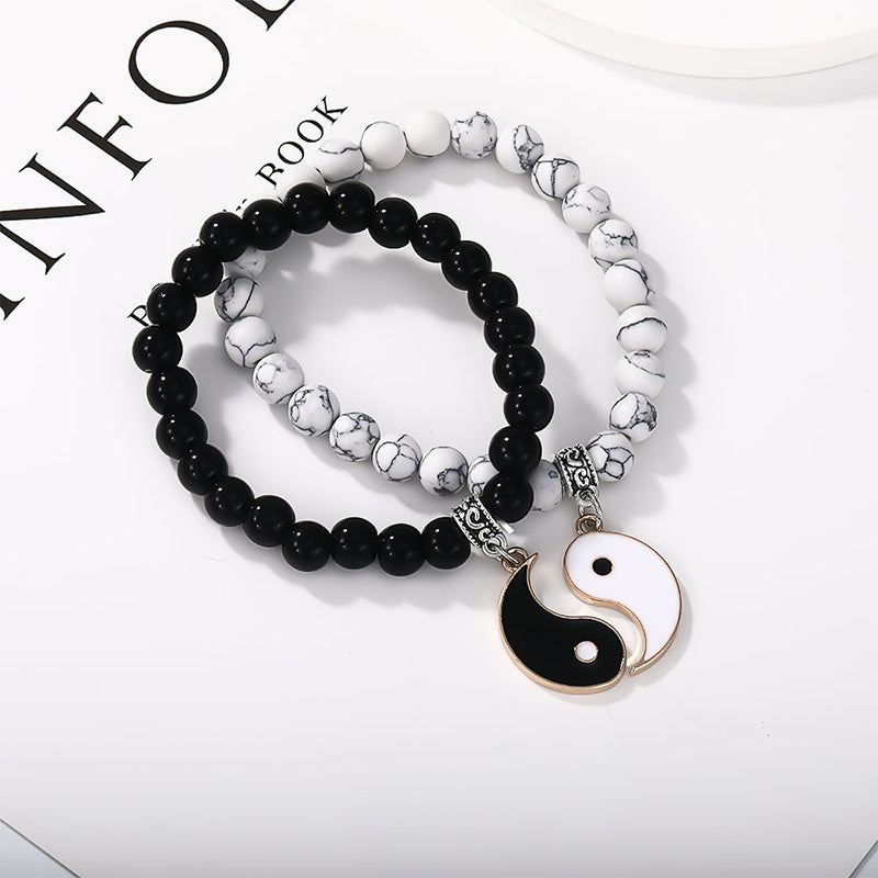 Buddha Stones 2 uds. Pulsera de pareja de protección Yin Yang con cuentas de turquesa blanca y ónix negro - Ónix negro dorado y turquesa blanca - image 14