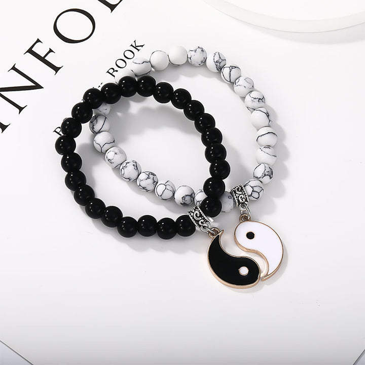 Buddha Stones 2 uds. Pulsera de pareja de protección Yin Yang con cuentas de turquesa blanca y ónix negro - Ónix negro dorado y turquesa blanca - image 14