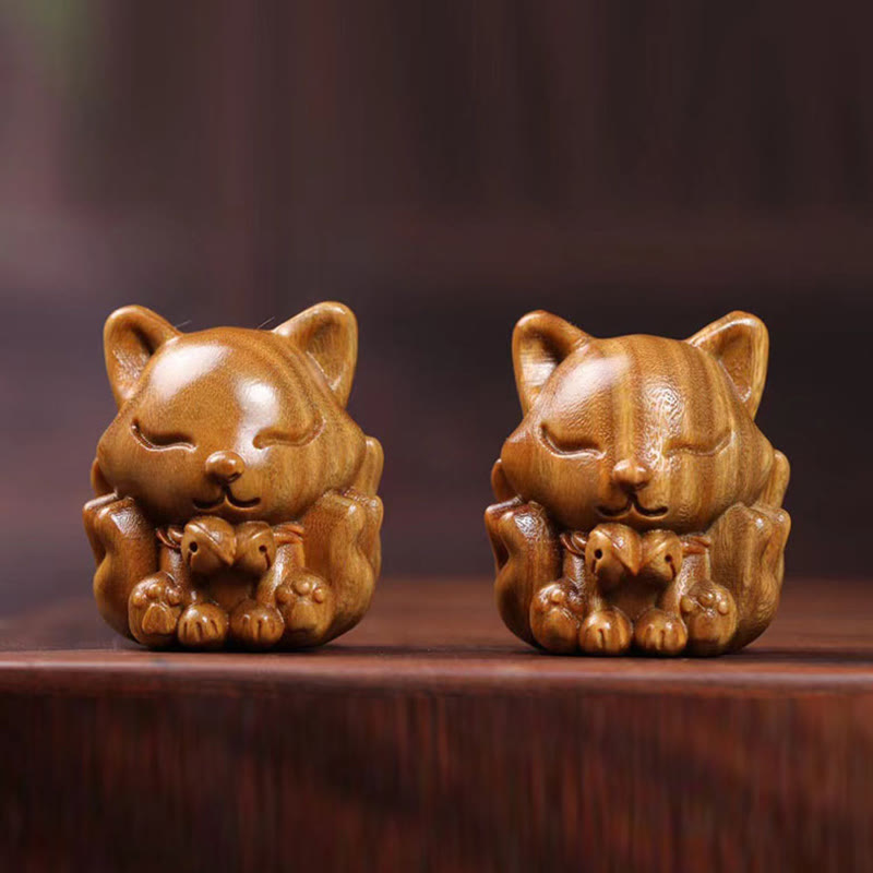 Miniatura de zorro de nueve colas, Buddha Stones, marfil, fruta, sándalo, sándalo verde, decoración bendita