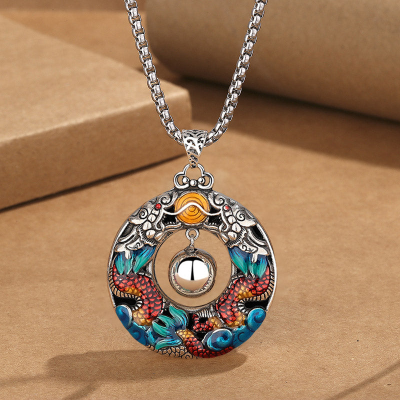 Colgante de collar de protección de cobre con cuentas de juego de dragones dobles coloridos del Año del Dragón de Buddha Stones