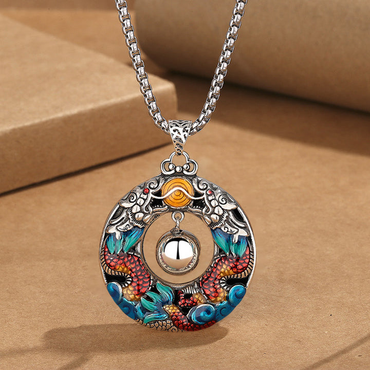 Colgante de collar de protección de cobre con cuentas de juego de dragones dobles coloridos del Año del Dragón de Buddha Stones