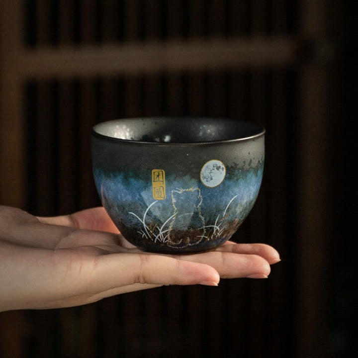 Taza de té de cerámica con Buddha Stones, tazas de té negras con gato encantador, 140ml