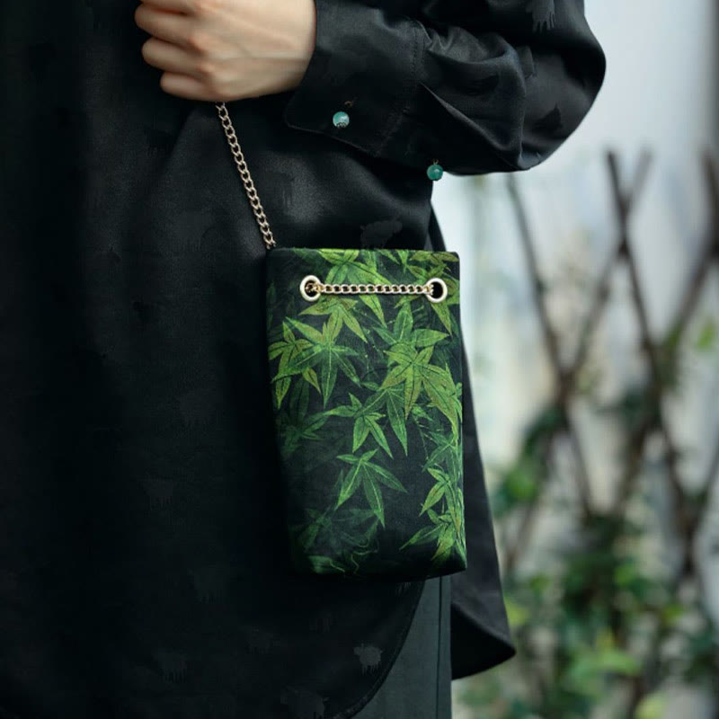 Bolso bandolera con cadena de metal caqui y hoja de arce pequeña con Buddha Stones , bolso de hombro, bolso para teléfono móvil