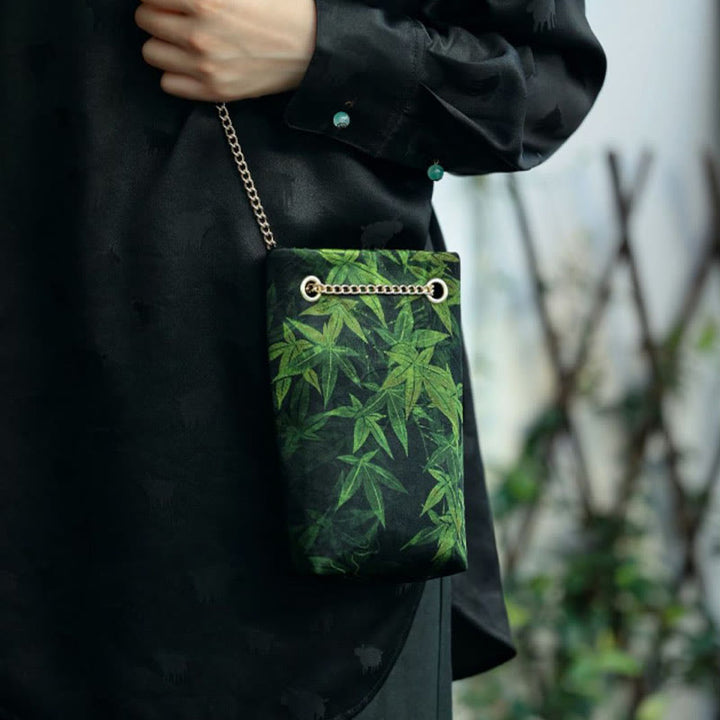 Bolso bandolera con cadena de metal caqui y hoja de arce pequeña con Buddha Stones , bolso de hombro, bolso para teléfono móvil