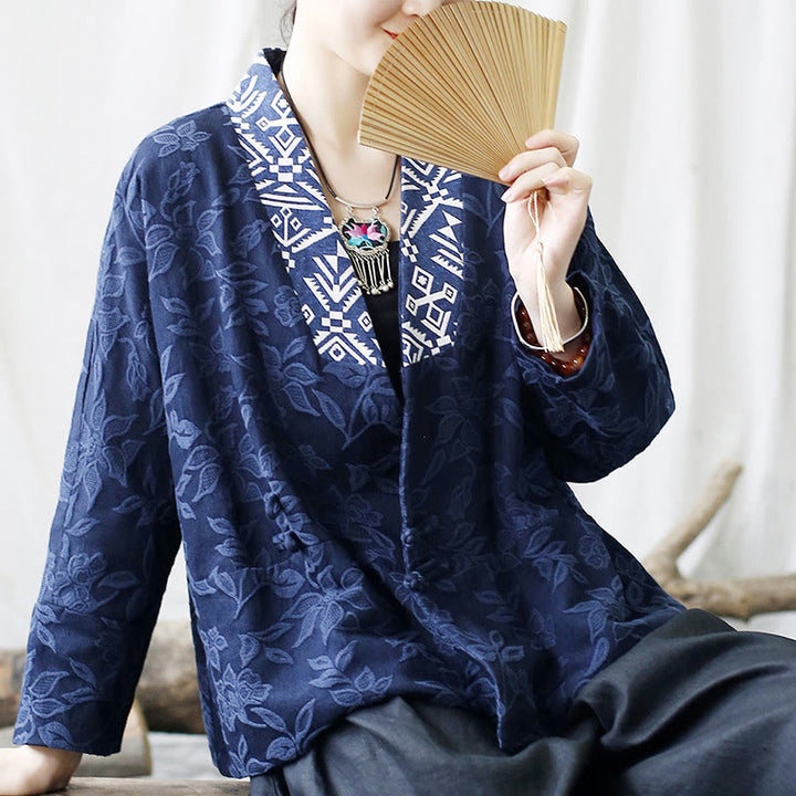Chaqueta de manga larga con cuello en V y jacquard floral con Buddha Stones