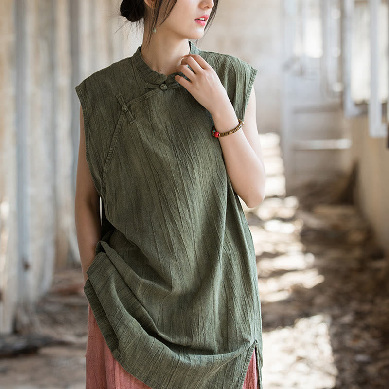 Camiseta sin mangas con botones de rana y lino de ramio teñido anudado hecho a mano con Buddha Stones
