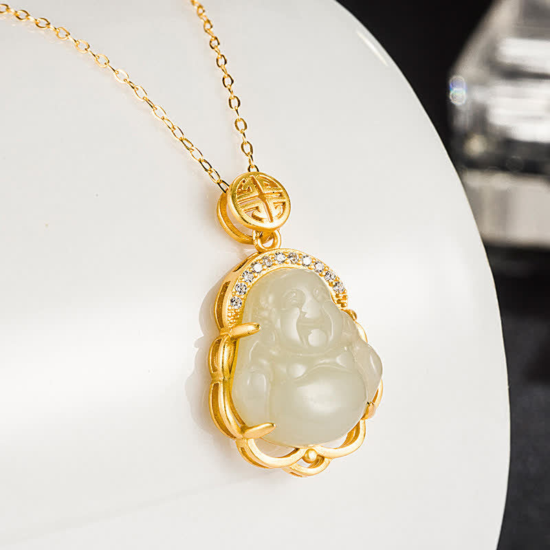 Colgante de plata de ley 925 con diseño de Buda sonriente y jade blanco hetiano - image 2