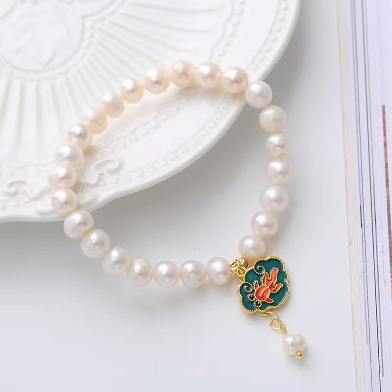 Pulsera con dije de optimismo, pez dorado, pez koi, perla natural
