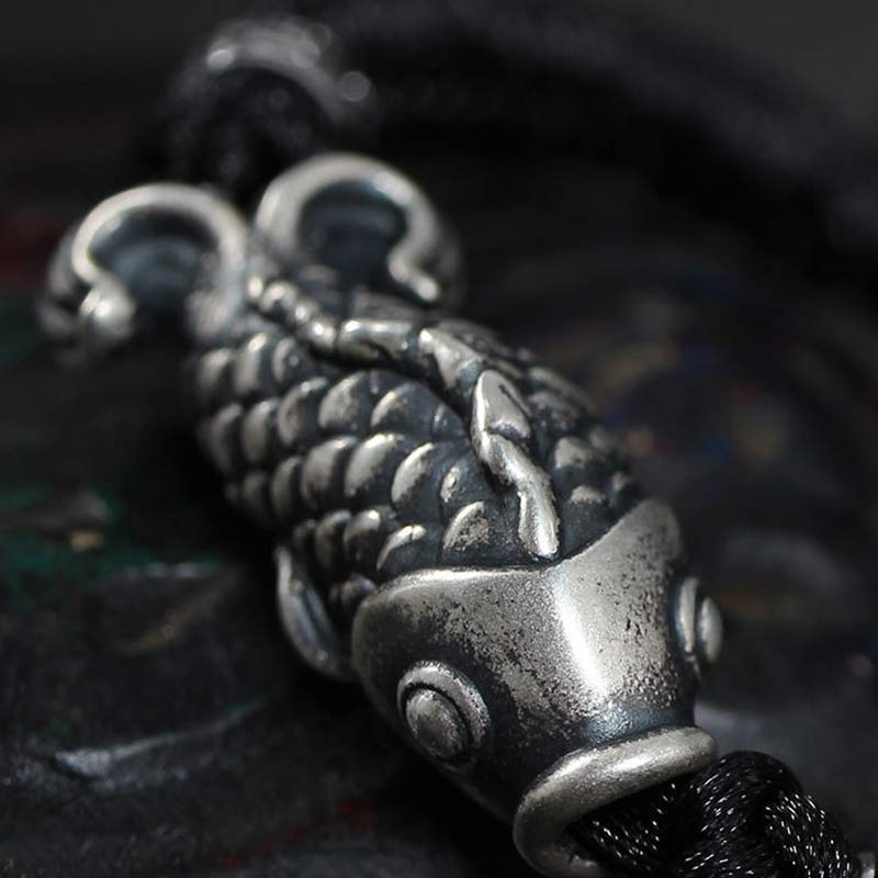 Pulsera de hilo trenzado con pez Koi de la suerte de plata con Buddha Stones