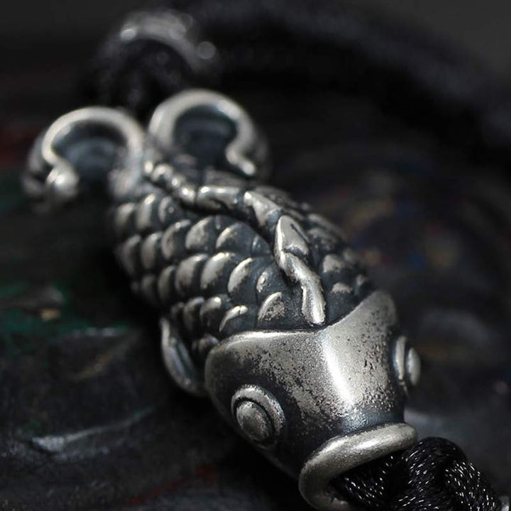 Pulsera de hilo trenzado con pez Koi de la suerte de plata con Buddha Stones
