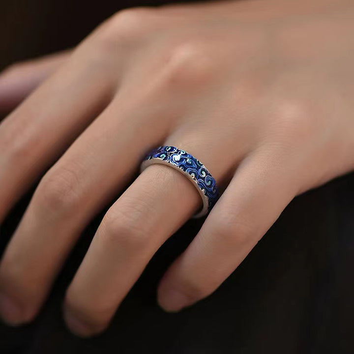 Anillo ajustable de cobre curativo con diseño de nubes auspiciosas azules con Buddha Stones