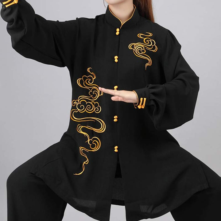 Conjunto de ropa unisex para práctica de meditación, tai chi, qigong, bordada, con nubes auspiciosas y Buddha Stones - Negro - US12, UK/AU16, EU44 (3XL) - image 17