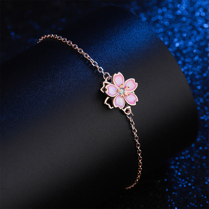 Pulsera con cadena de bendición de flor de cerezo de plata de ley 925 con Buddha Stones , anillo giratorio