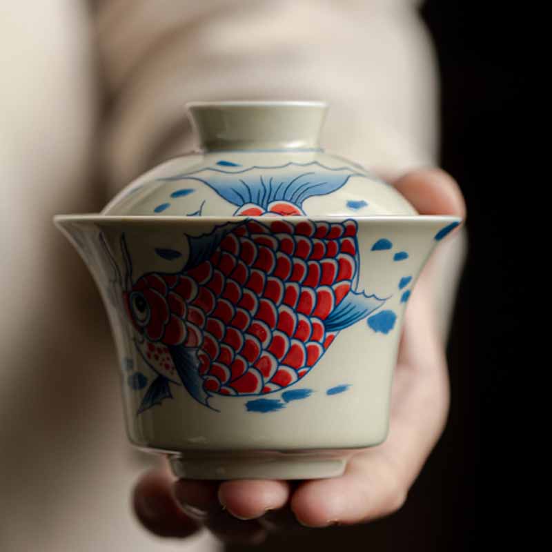Buddha Stones Koi Arowana cerámica Gaiwan Sancai taza de té Kung Fu con tapa 130ml