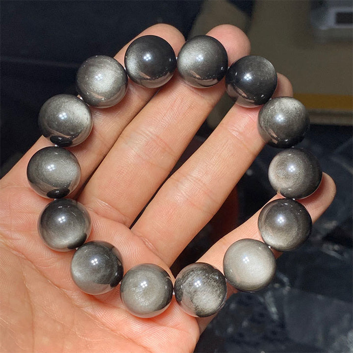 Pulsera de protección calmante de obsidiana brillante de plata natural con Buddha Stones