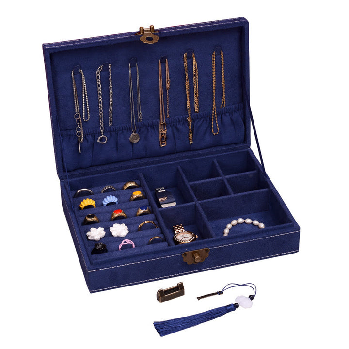 Caja organizadora de joyería de diseño Simple con Buddha Stones, caja de almacenamiento de joyería de franela de una sola capa con cerradura - Azul marino 28 cm x 19 cm x 6,5 cm - image 22