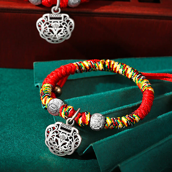 Pulsera de plata de ley 925 con Buddha Stones, candado chino, protección de hilo rojo multicolor, pulsera trenzada hecha a mano para niños