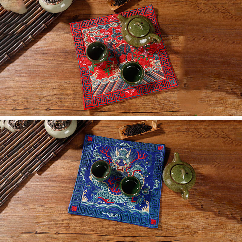 Tapete para tazas bordado con Buddha Stones, grulla, dragón Fénix, Kirin, posavasos para tazas de té, tapete para té cuadrado Kung Fu