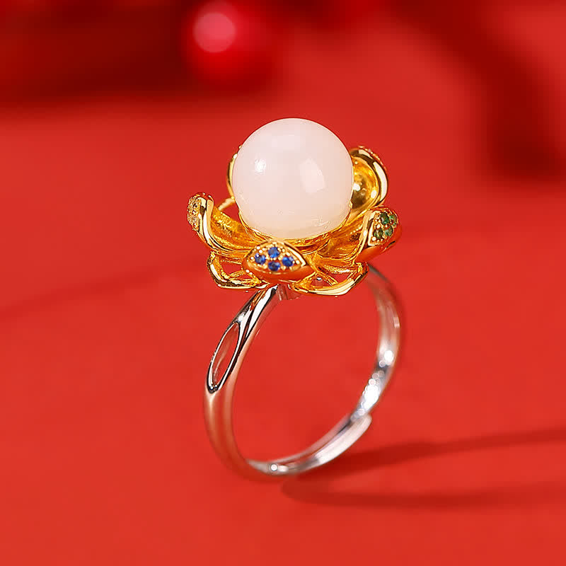 Anillo de éxito de flor de loto de jade cian blanco de plata de ley 925