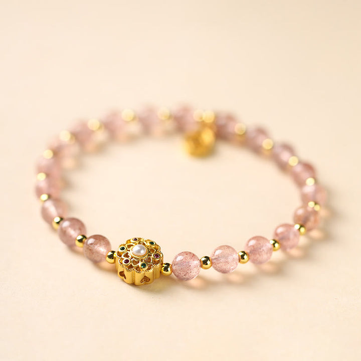 Buddha Stones chapadas en oro de 14 quilates, cuarzo fresa natural, labradorita, piedra solar, personaje Fu, pulsera con dije positivo