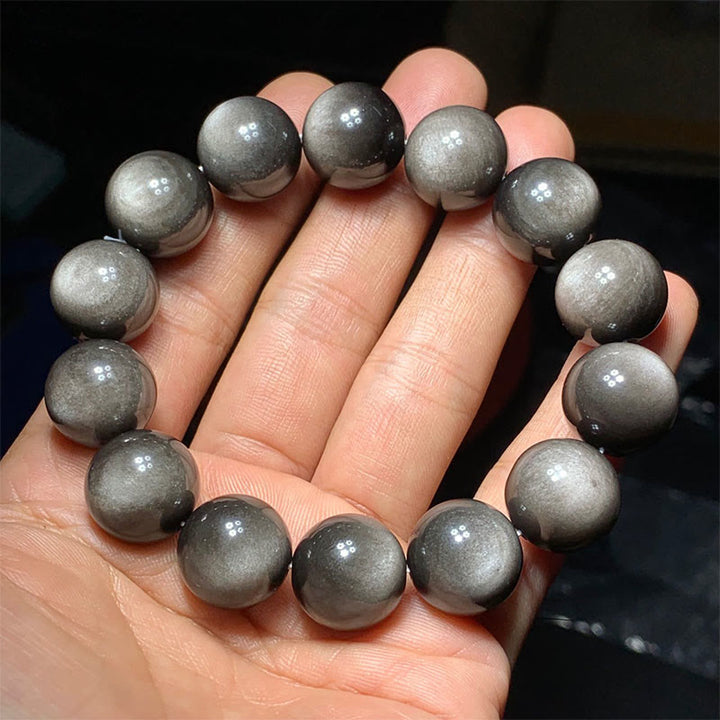 Pulsera de protección calmante de obsidiana brillante de plata natural con Buddha Stones