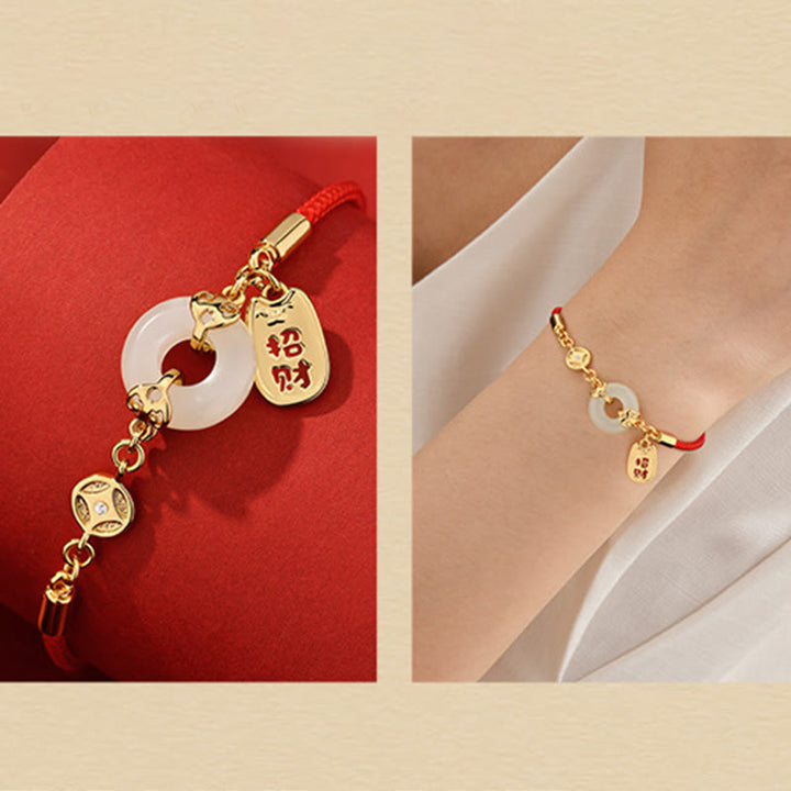 Pulsera de bendición con dije de fortuna y moneda de cobre con hebilla de paz de Jade blanco y Buddha Stones