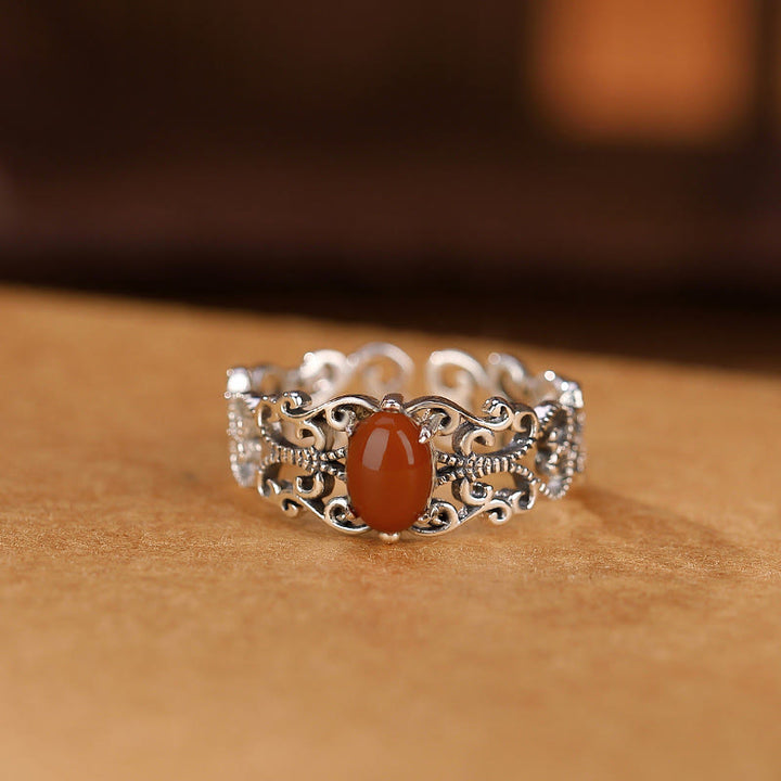 Anillo de calma de autoaceptación con ágata roja vintage de plata de ley 925 con Buddha Stones